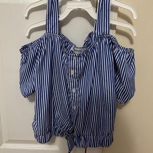 Off the shoulder blue shirt